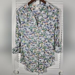 Zac & Rachel Button Down Long Sleeve Roll Tab Beach Theme Shirt Sz M